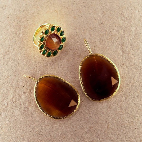 Pendiente y Anillo Marrón-Verde | Beltop Brand