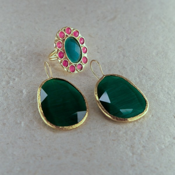 Pendiente y Anillo Verde-Rosa | Beltop Brand